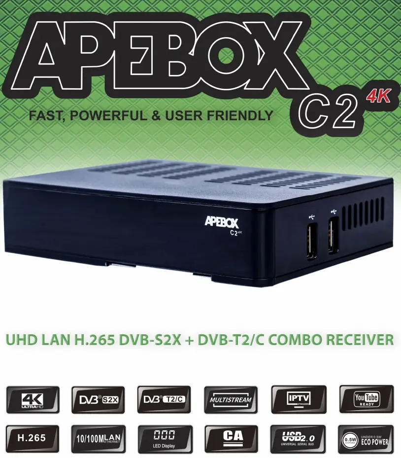 APEBOX C2 4K UHD COMBO DVB-S2X MS DVB-T2/C H.265 IPTV - - telewizja naziemna nowej generacji