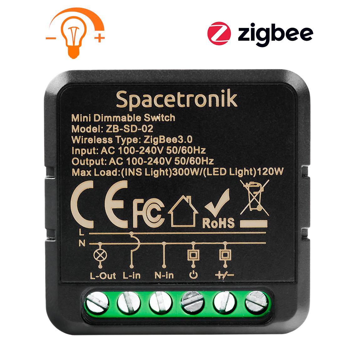 Dopuszkowy Mini ściemniacz światła dimmer ZigBee Smart Life Tuya Spacetronik ZB-SD-02 Black