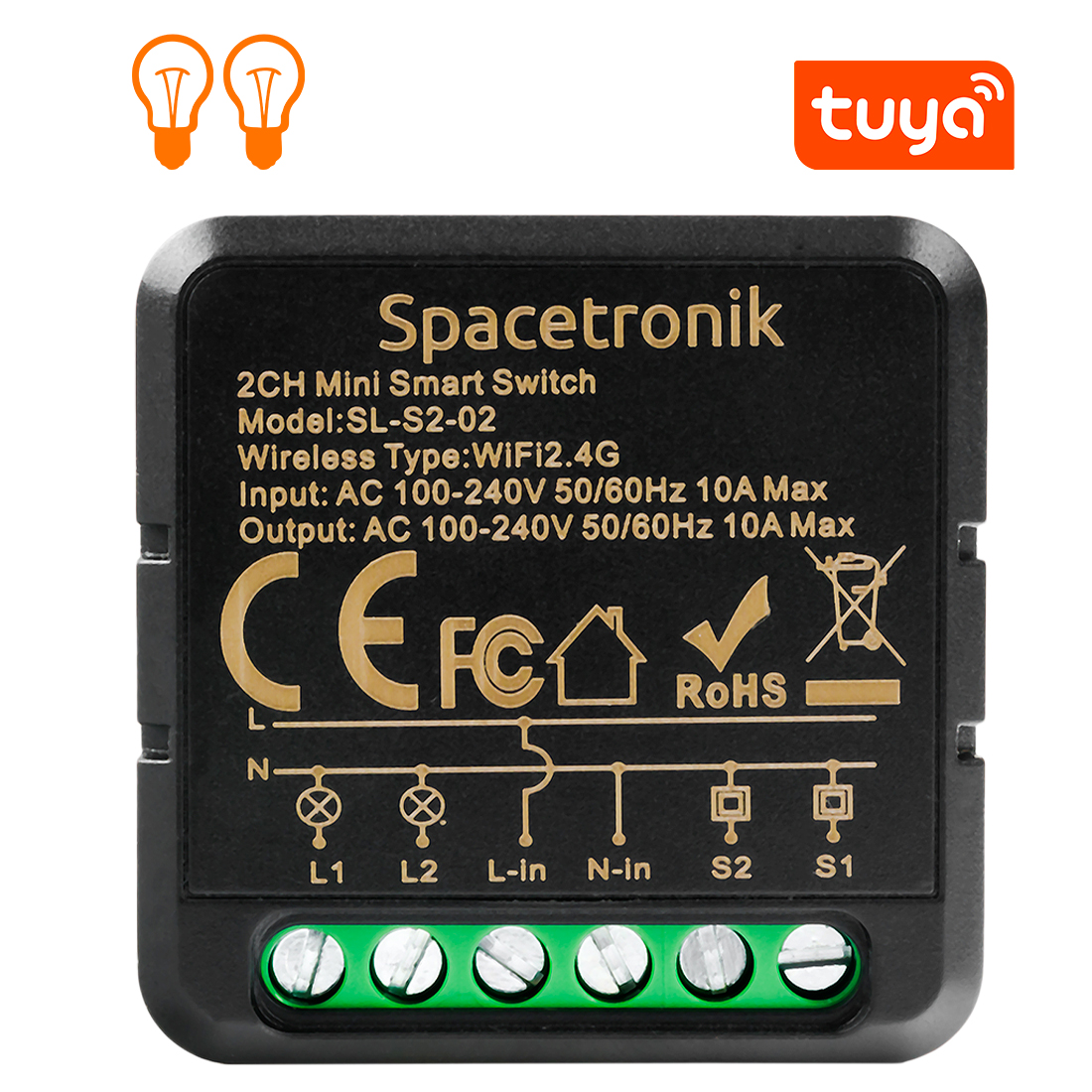 Dopuszkowy Mini włącznik światła switch Wi-Fi podwójny Smart Life Tuya Spacetronik SL-S2-02 Black