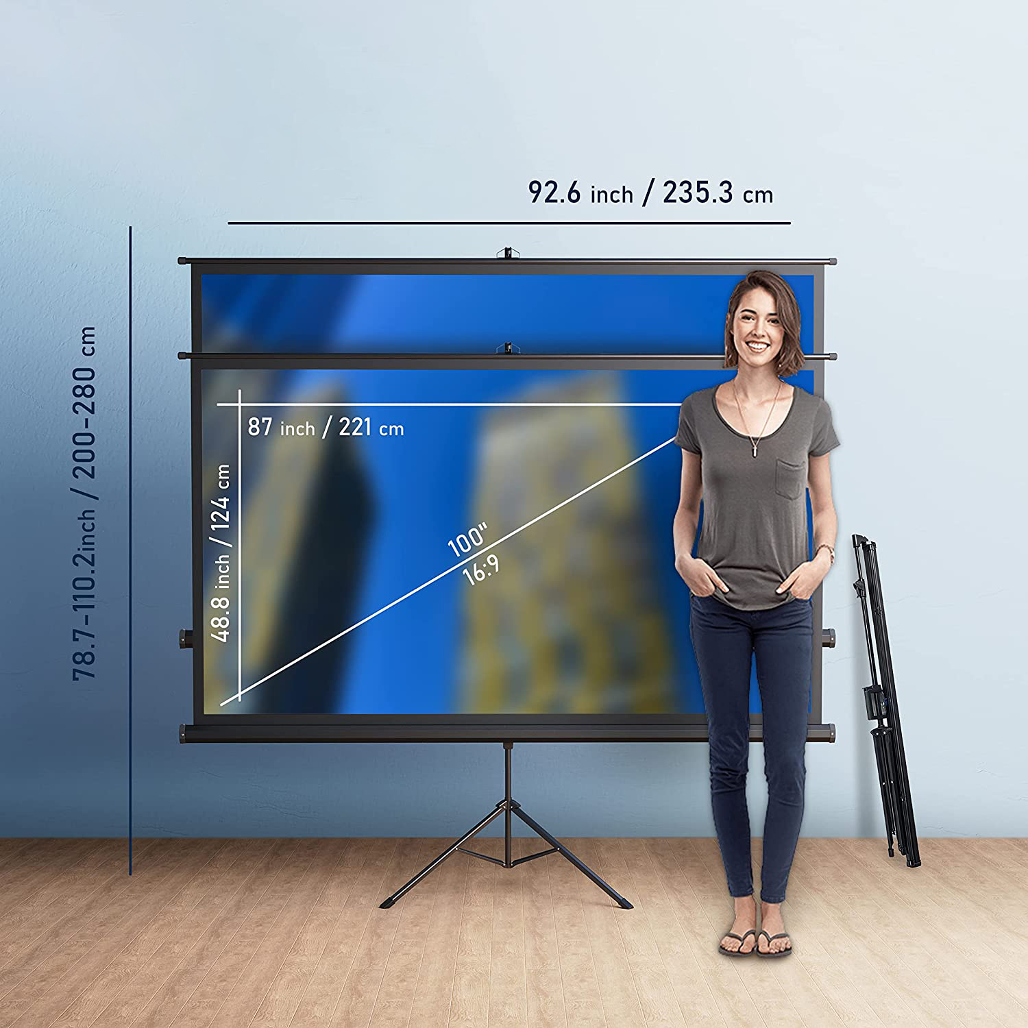 Projekcyjny ekran z podstawą, Projekcyjny ekran Pixthink 100 cali, Projekcyjny ekran 4K HD, Projekcyjny ekran na zewnątrz, Projekcyjny ekran na wieczór filmowy