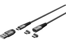 Kabel USB-C 2.0 480Mb/s Goobay magnetyczne końcówki + adapter do USB-A tekstylny