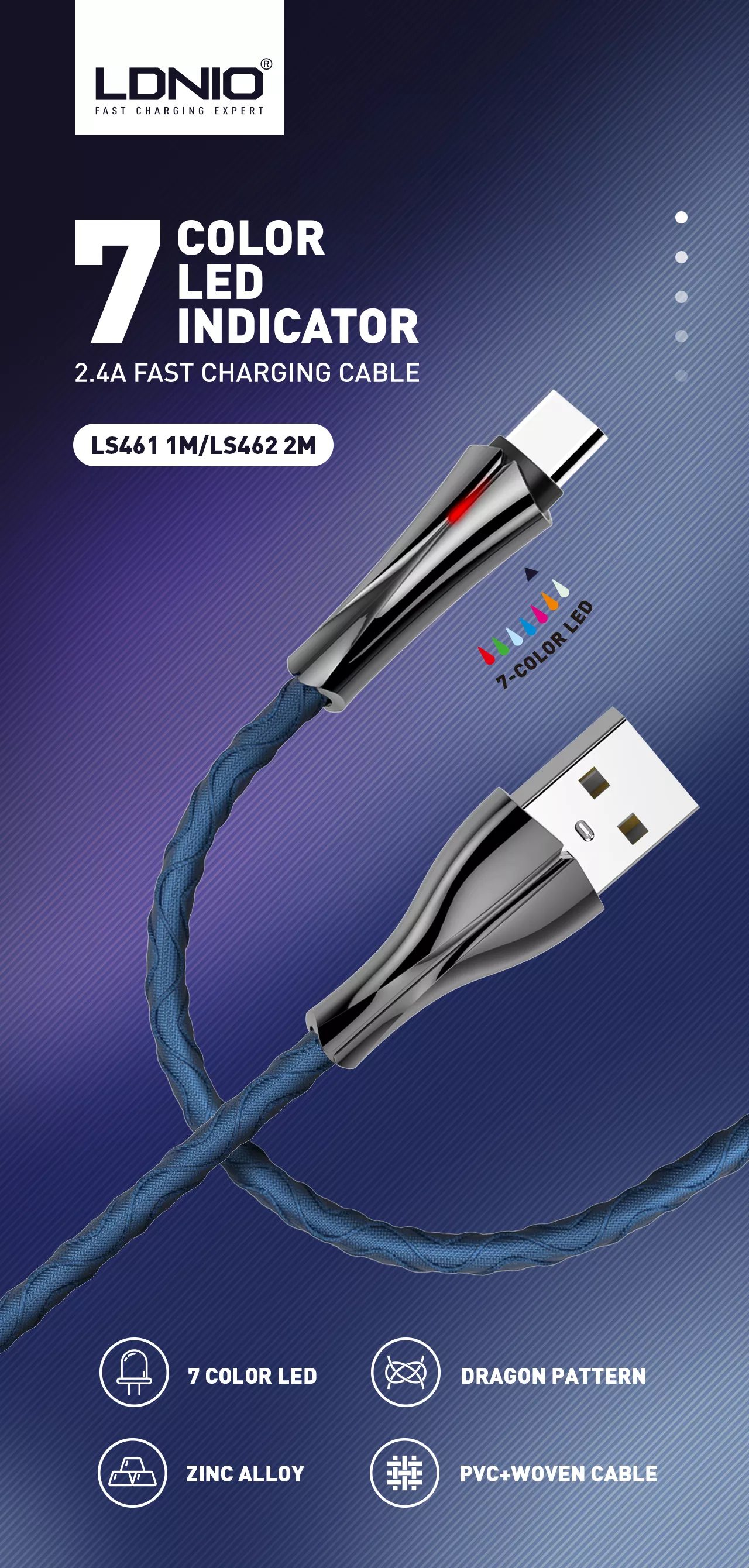 Kabel z diodą LED do szybkiego ładowania USB-A / USB-C 2m szary LS462C