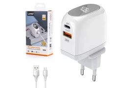  Ładowarka sieciowa USB z wyświetlaczem 30W PD + kabel USB-A / Micro-USB Szybkie Ładowanie LDNIO A2522C