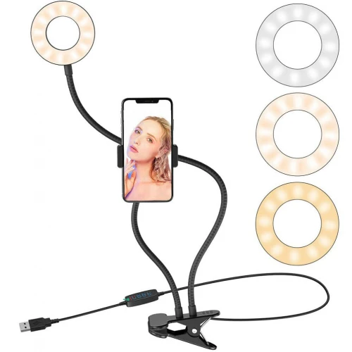 Lampa LED 9 cm pierścieniowa do telefonu z klipsem czarna USB