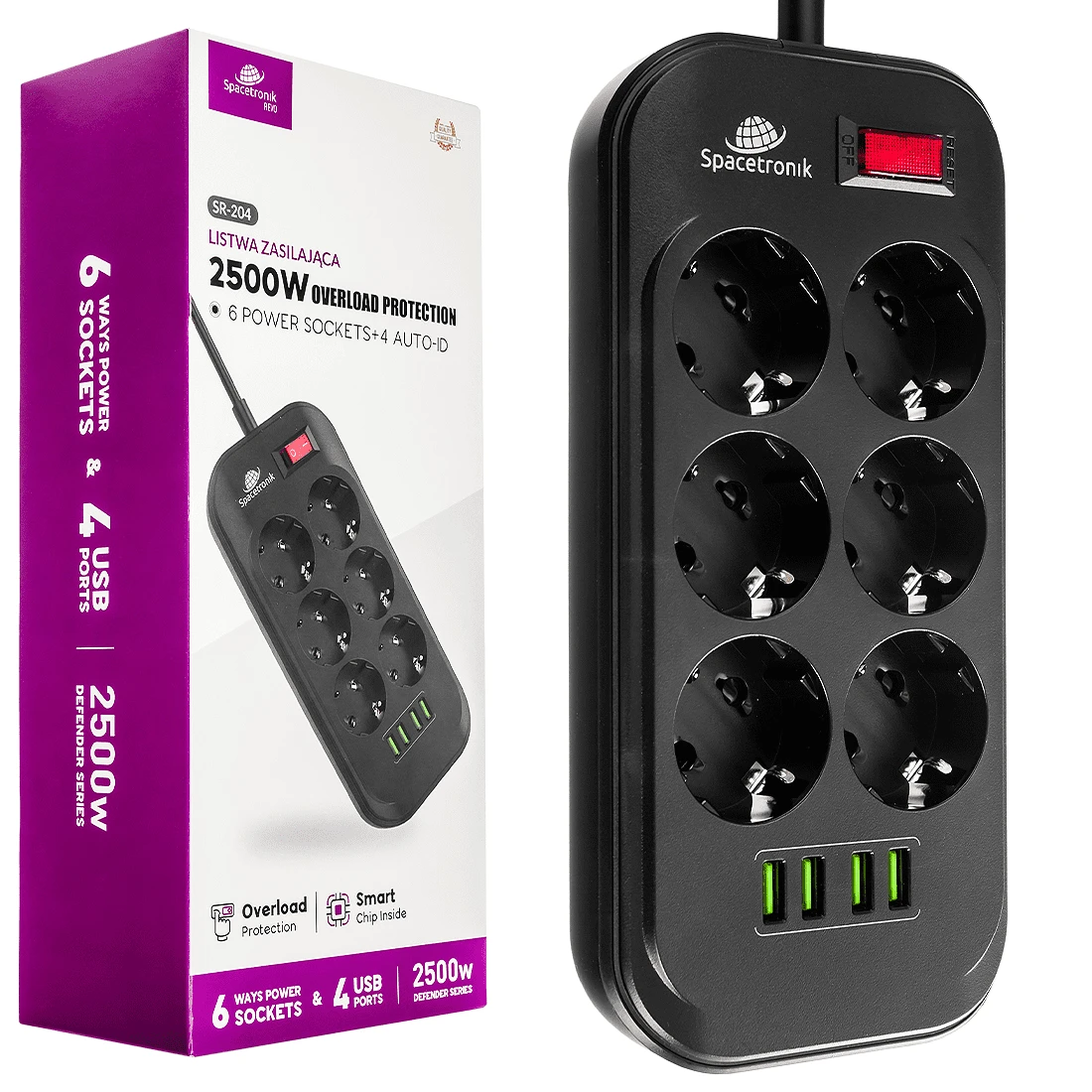 Listwa zasilająca Spacetronik SR-204 6x AC z ładowarką 4x USB 3.4A Auto-id