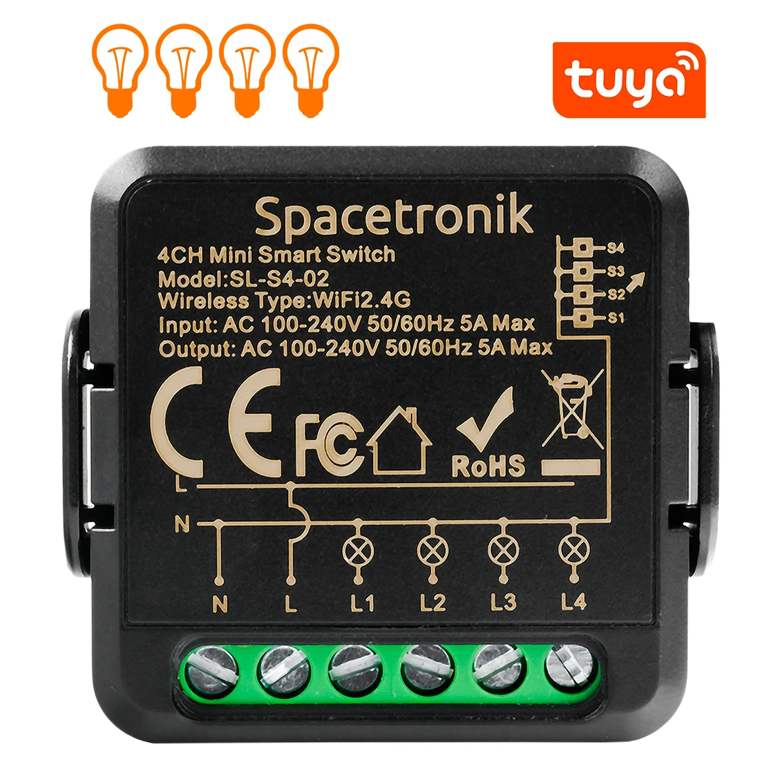 Mini switch światła włącznik przekaźnik Wi-Fi poczwórny Smart Life Tuya Spacetronik sterownik SL-S4-02 Black