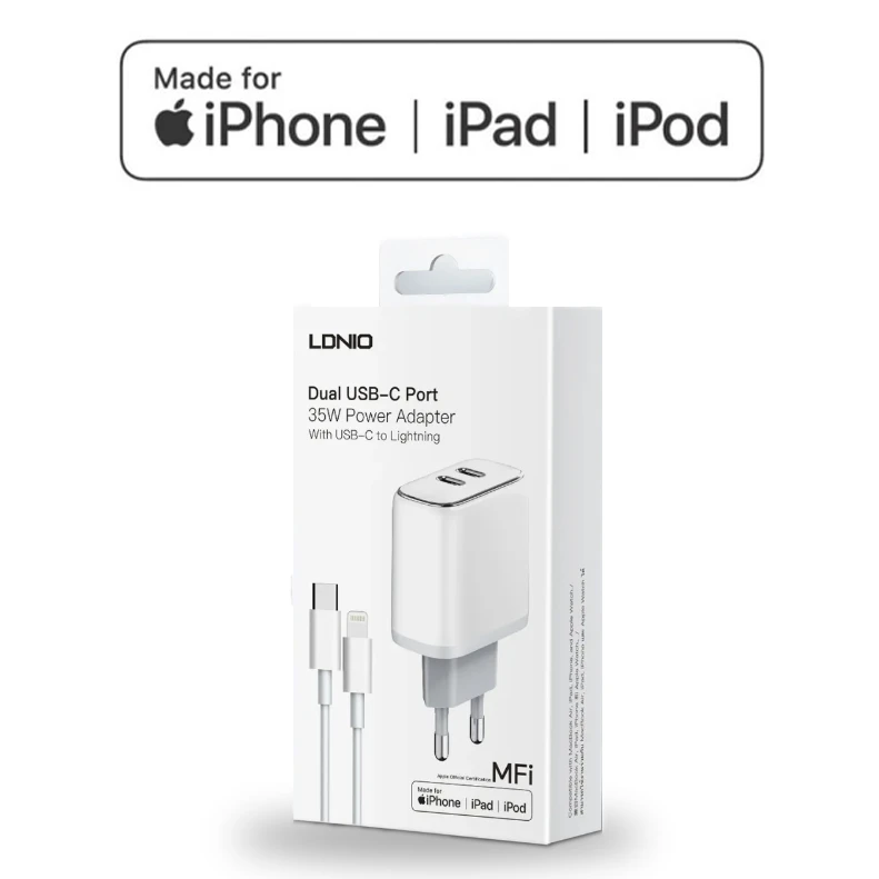 Oryginalna ładowarka iPhone, iPad, iPoD 2xUSB-C MFI 35W kabel USB-C + Lightning