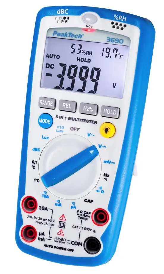 Multimetr z pomiarem dźwięku, światła, wilgotności i temperatury 5w1 PeakTech 3690