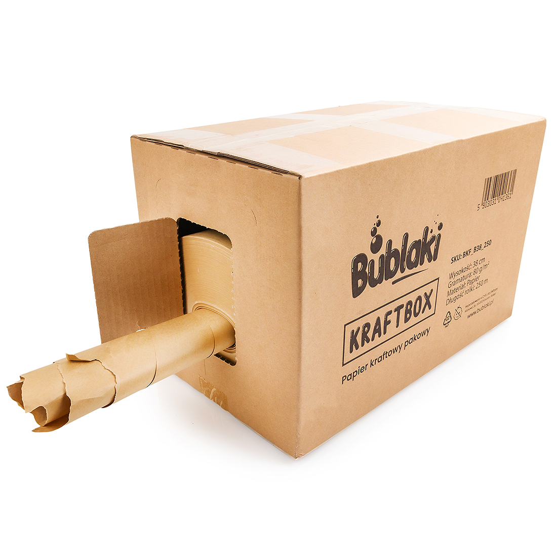 Papier pakowy makulaturowy EKO kraft, rolka z dyspenserem 8kg 38cm x 250m wypełniacz ekologiczny Bublaki BKF_B38_250