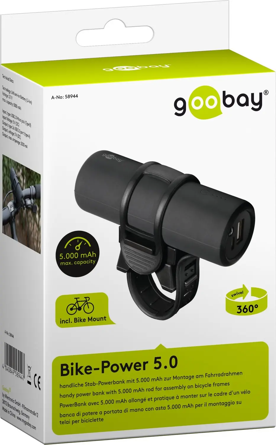 PowerBank na rower z latarką LED i uchwytem Goobay 5000 mAh TYLKO Android
