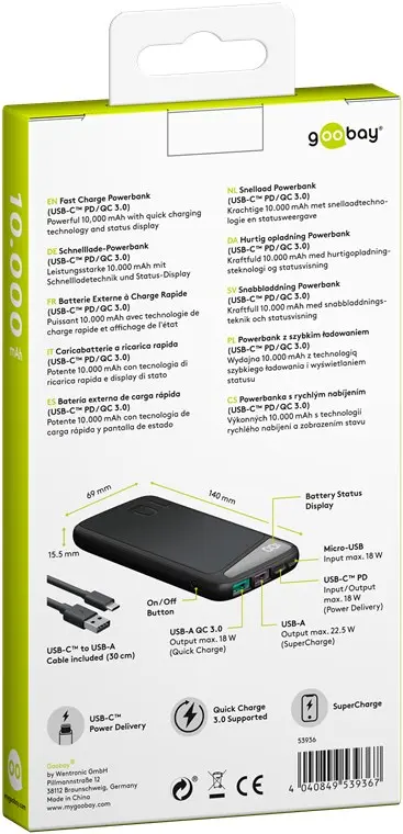 PowerBank Goobay Fast Charge Power Delivery USB-C QC 3.0 10000 mAh