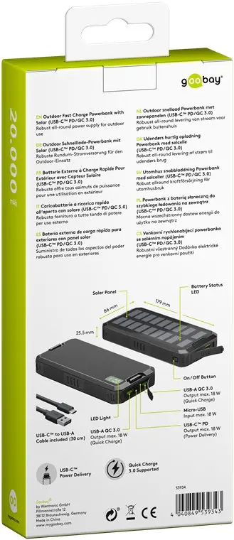 PowerBank z baterią solarną Goobay USB USB-C Fast Charge 20000 mAh