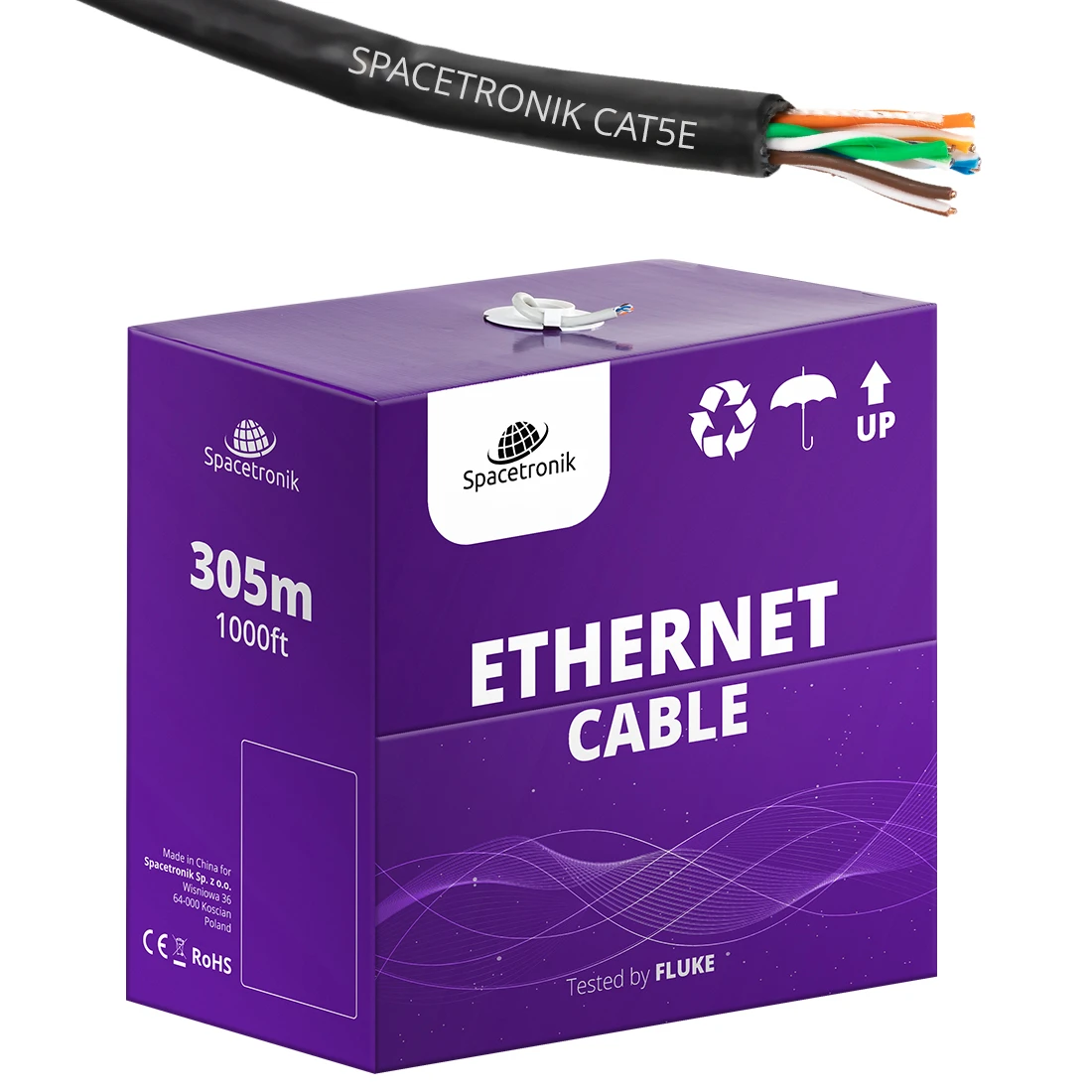 Skrętka kabel LAN zewnętrzny CAT5e U/UTP CU 0.46mm AWG 24/1 PE Spacetronik 305m