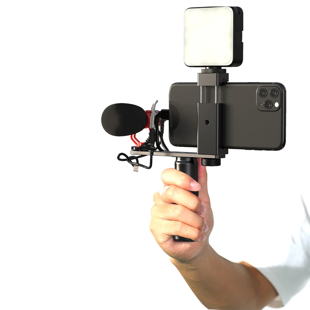 Mikrofon z uchwytem na telefon selfie stick statyw z lampą LED i okablowaniem
