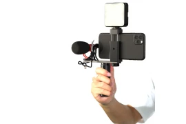 Mikrofon z uchwytem na telefon selfie stick statyw z lampą LED i okablowaniem