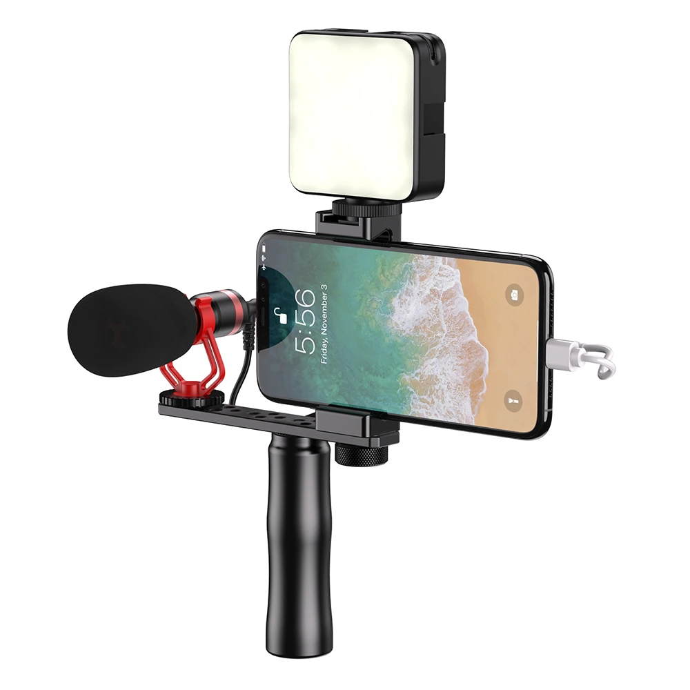 Mikrofon z uchwytem na telefon selfie stick statyw z lampą LED i okablowaniem