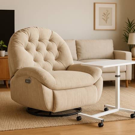 Zestaw wypoczynkowy fotel elektryczny Spacetronik Flax 04M beżowy + stolik regulowany