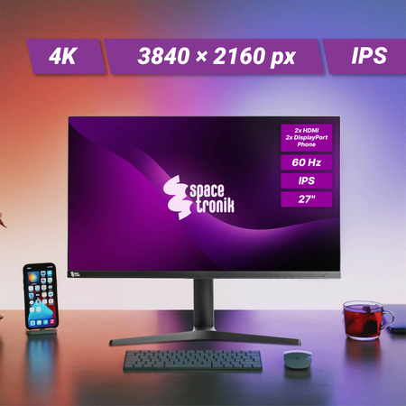 ZESTAW -10%  2x Monitory 27 cali 4K IPS Spacetronik SPA-M2701 + uchwyt + dodatki