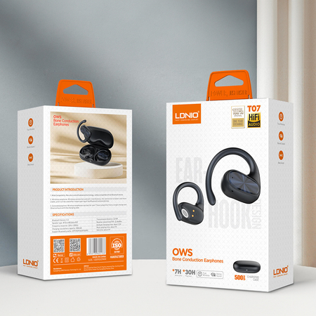 Bezprzewodowe słuchawki OWS kostne LDNIO T07 z Bluetooth 5.3, Redukcja Szumów, Etui 500mAh, czarne