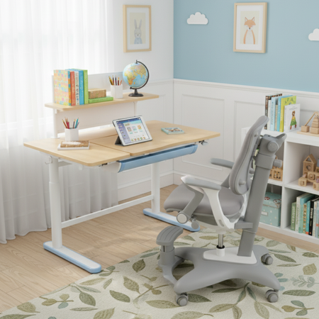 Zestaw dla dziecka regulowane biurko 112×60 z półką + ergonomiczne krzesło Spacetronik XD - zdjęcie 2