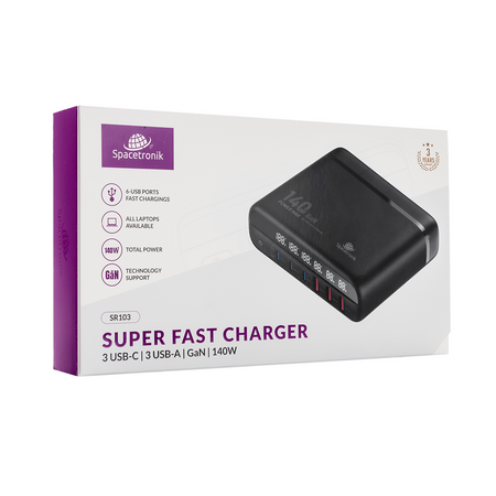 Stacja ładująca GaN 140 W Spacetronik SR103, LED, 6 portów USB (3A3C), PD+QC3.0