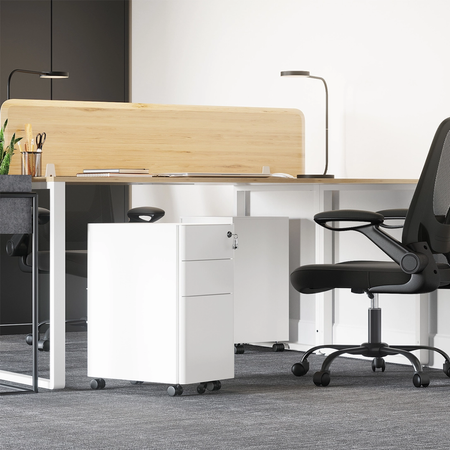 Zestaw do nowoczesnego biura: biurko elektryczne + fotel + szafka biały