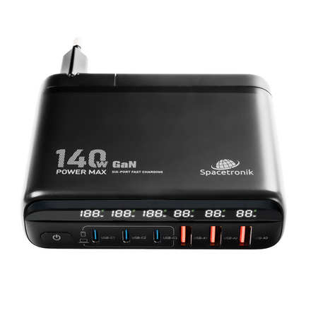 Stacja ładująca GaN 140 W Spacetronik SR103, LED, 6 portów USB (3A3C), PD+QC3.0