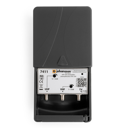 Wzmacniacz masztowy, sumator UHF 32dB + VHF 23dB 12-24V Johansson 7411 LTE (5G)
