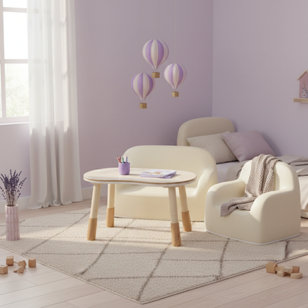 Zestaw mebli dziecięcych Spacetronik – stolik regulowany, sofa i fotelik waniliowy - zdjęcie 2