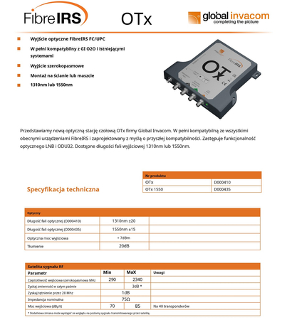 Zestaw optyczny FibreIRS  Global Invacom OTx KIT 1310nm