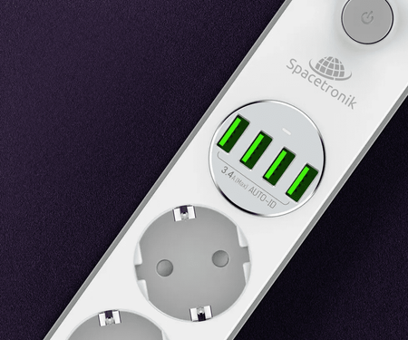 Listwa zasilająca Spacetronik SR-203 4x AC z ładowarką 4x USB 3.4A Auto-id
