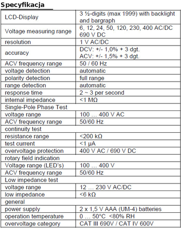 Dwubiegunowy tester napięcia prądu AC DC z LCD 12- 690V PeakTech 1090