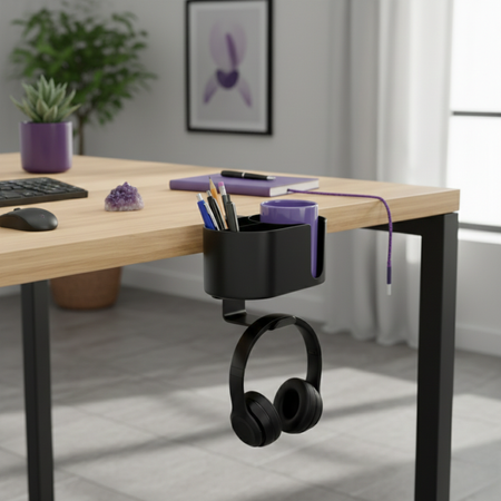 Boczny organizer do biurka na zacisk z uchwytem na kubek czarny