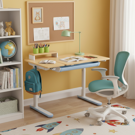 Zestaw dla dziecka regulowane biurko 112×60 z półką + ergonomiczne krzesło Spacetronik XD - zdjęcie 2