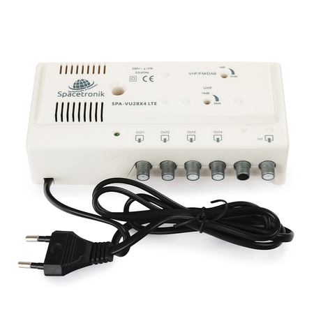Domowy wzmacniacz telewizyjny z rozgałęźnikiem 4xOUT FM/DAB/VHF  UHF Spacetronik SPA-VU28X4 LTE