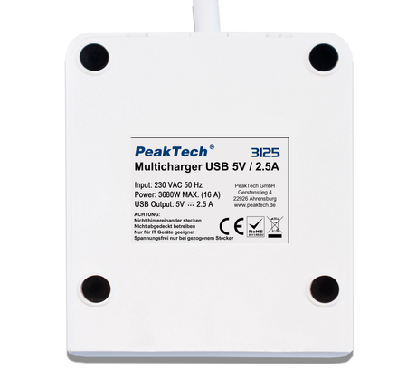 Listwa zasilająca z podstawką 2x 230V i 2x USB 2,5A PeakTech 3125