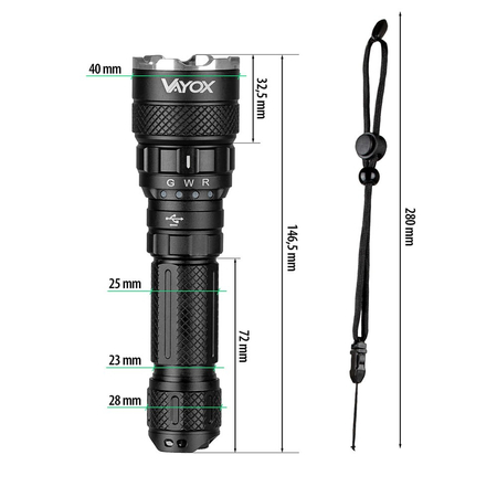 Taktische Taschenlampe 3-Farben 15W 1500lm VAYOX VA0099