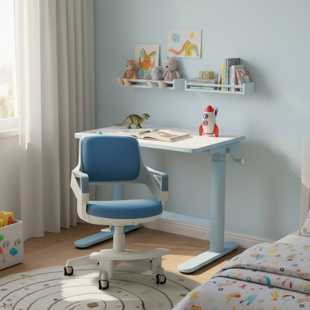 Zestaw dla dziecka regulowane biurko 112×60 z półką + ergonomiczne krzesło Spacetronik XD - zdjęcie 2
