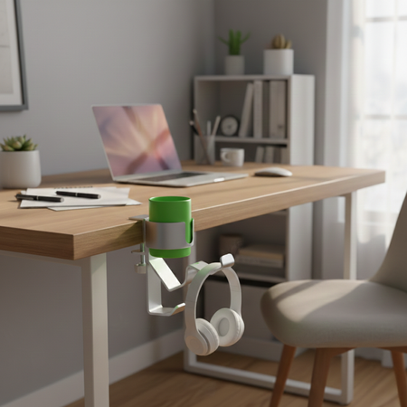 Boczny organizer do biurka na zacisk z uchwytem na kubek biały