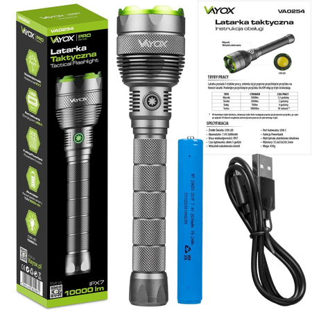 Latarka ręczna taktyczna MOCNA metalowa 10000lm TURBO LED Vayox VA0254