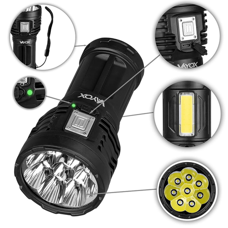 Latarka ręczna szperacz 600lm 8x LED plus COB USB-C Vayox VA0114