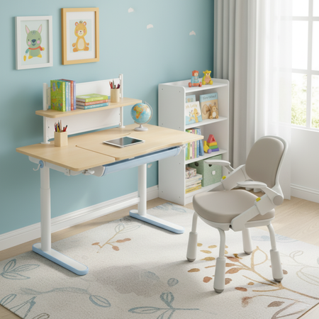 Zestaw dla dziecka regulowane biurko 112×60 z półką + ergonomiczne krzesło Spacetronik XD - zdjęcie 2