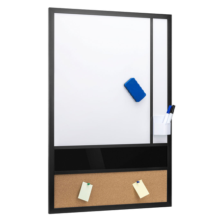 Pionowa tablica z magnesem biała i czarna suchościeralna + korkowa 600x900 mm z uchwytem na pisaki