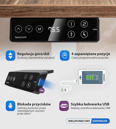 Stelaż biurka elektryczny Spacetronik SPE-253G USB szary