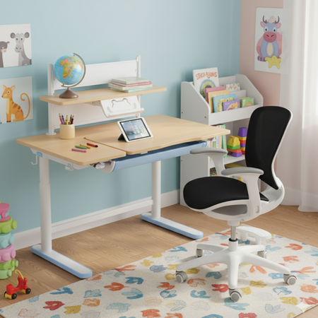 Zestaw dla dziecka regulowane biurko 112×60 z półką + ergonomiczne krzesło Spacetronik XD - zdjęcie 2