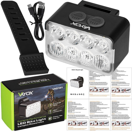 Lampka rowerowa przednia na kierownicę 900lm 8xLED USB-C VA0151 Vayox