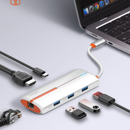 Adapter HUB 6in1 USB-C NA USB 3.0 HDMI PD RJ45 Weiß