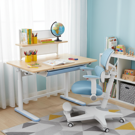 Zestaw dla dziecka regulowane biurko 112×60 z półką + ergonomiczne krzesło Spacetronik XD - zdjęcie 2