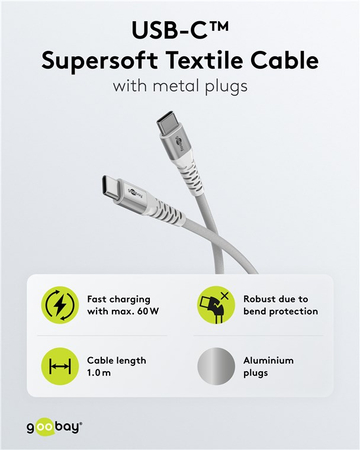 Kabel USB-C 2.0 480Mb/s Goobay w oplocie tekstylnym SuperSoft do 60W biały 0,5m