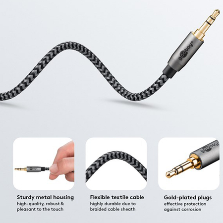 Kabel audio Jack 3,5mm AUX Goobay Plus oplot tekstylny szaro-czarny 1m